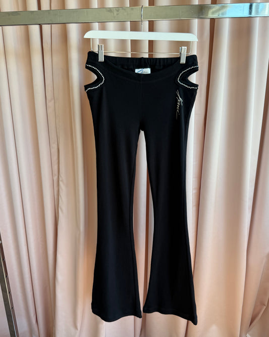 Black Rhinestone Hip Cut Out Low Rise Flare Cotton Pants
