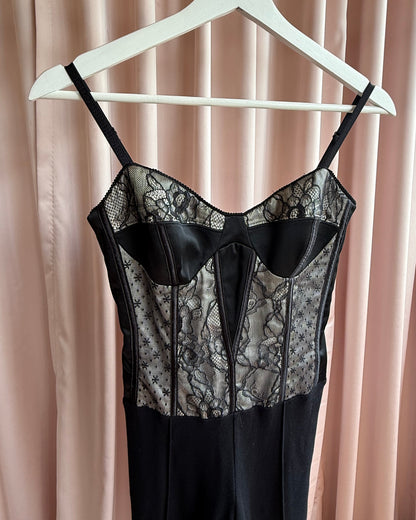 Bebe Black Boned Bustier Lace Panel Jumpsuit