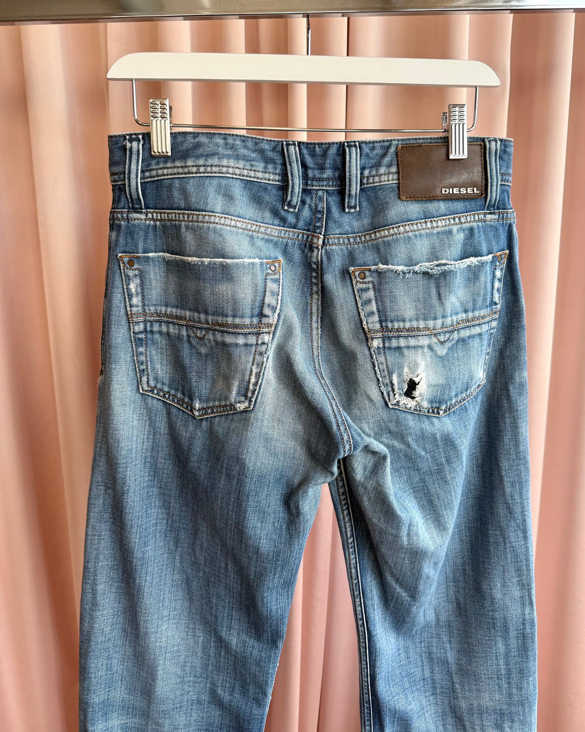 Diesel "Kurren" Faded Distressed Light Wash Straight Leg Denim