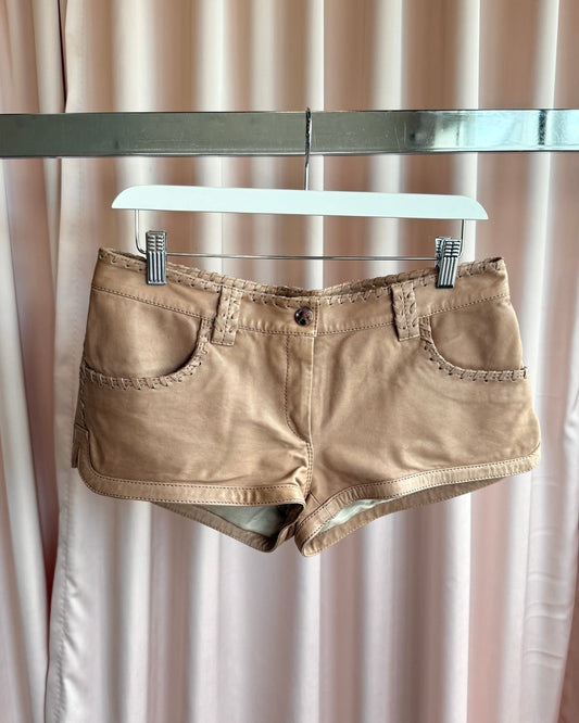 French Brand Tan Lambskin Leather Mini Shorts