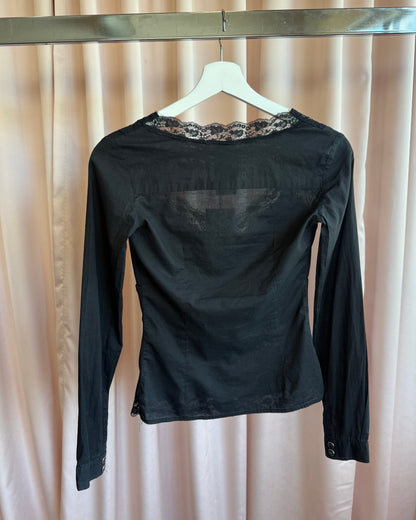 D&G S/S 2006 Black Lace Trim Button Up Long Sleeve Blouse