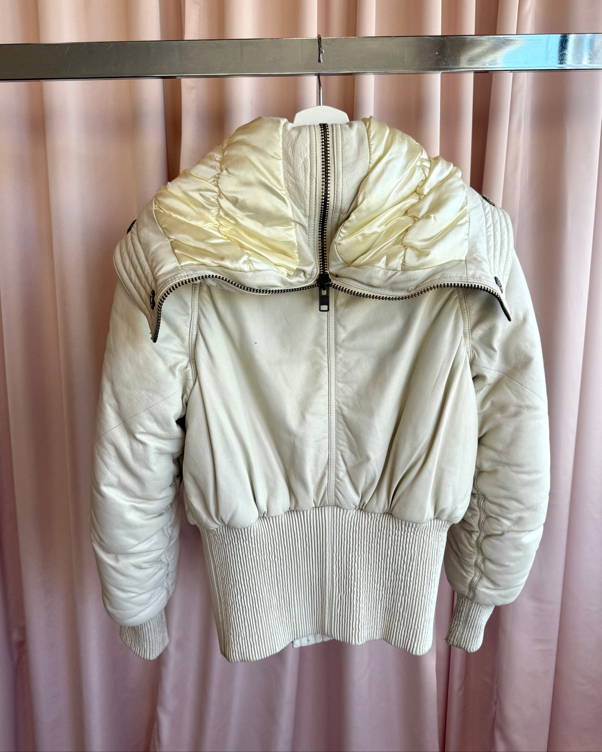 French Designer White Leather Hooded Bomber Jacket