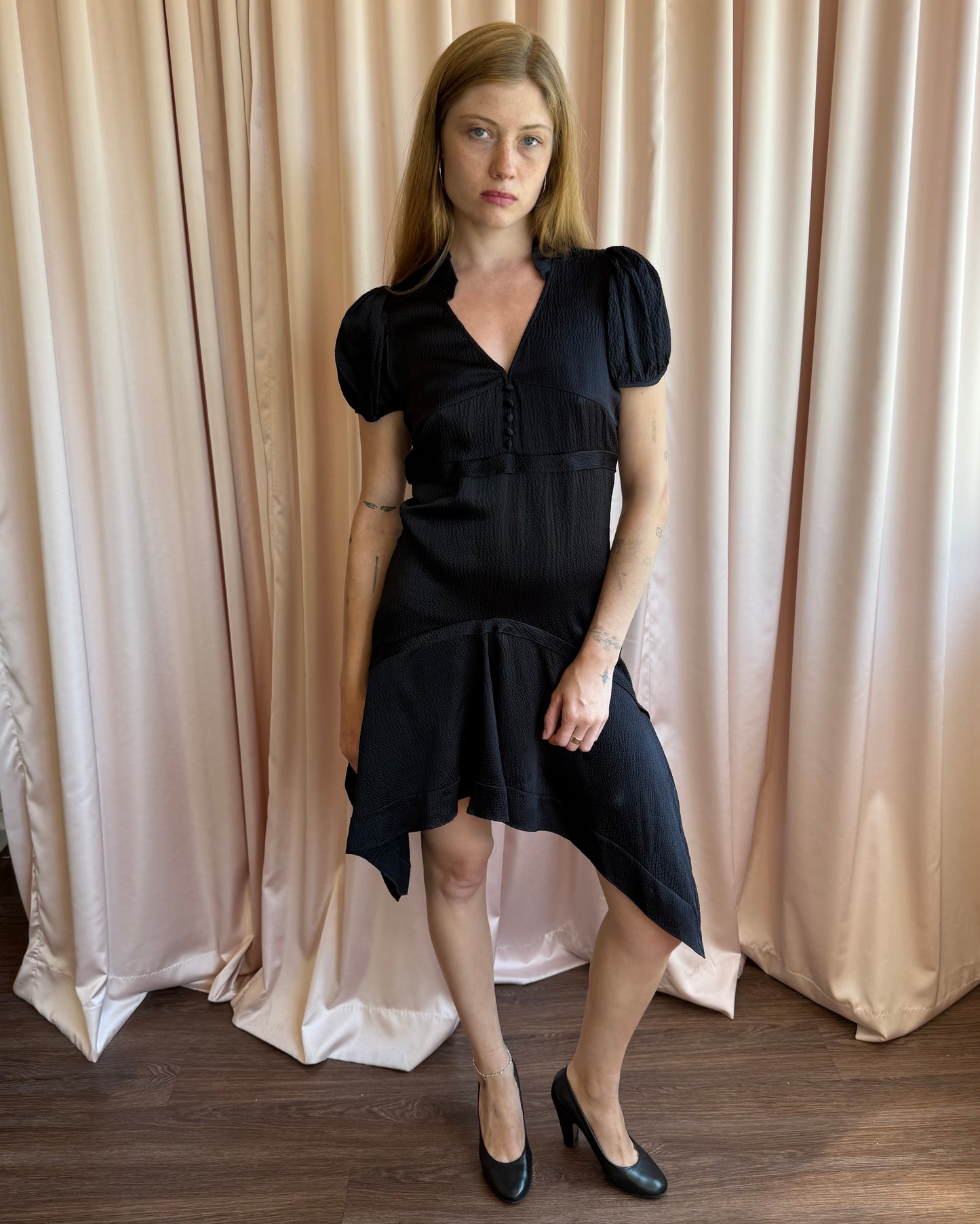 Balenciaga 2007 by Nicolas Ghesquière Black 100% Silk Puff Sleeve Dress