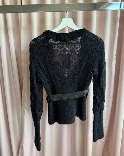Italian Designer Black Mohair Mesh Bow Belt Cardigan Top