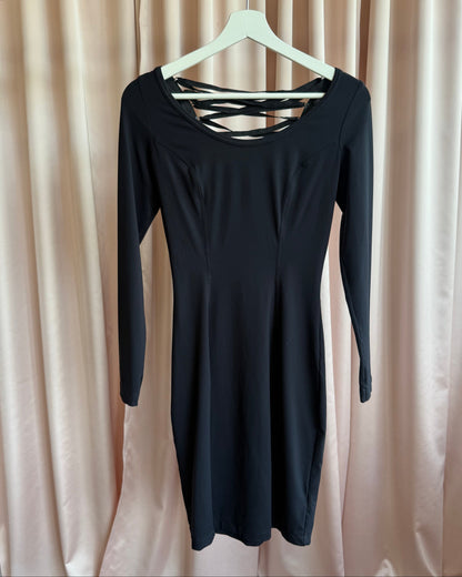 French Brand Black Lace Up Corset Back Long Sleeve Bodycon Dress