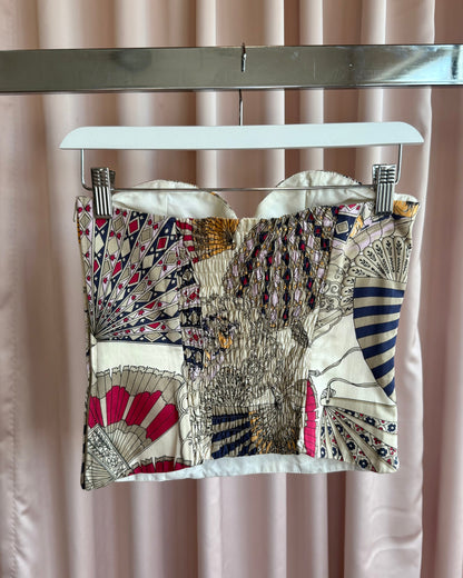Laurèl by Escada 1980's Fan Print Cotton Bustier Top