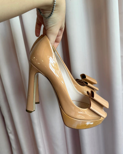 Miu Miu Patent Leather Bow Peep Toe Platform Pumps
