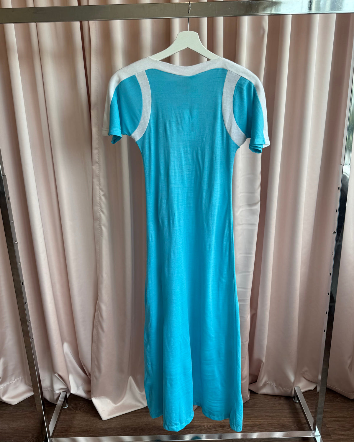 Monte Caldo 1970's Floral Embroidered Aqua Blue Maxi Dress
