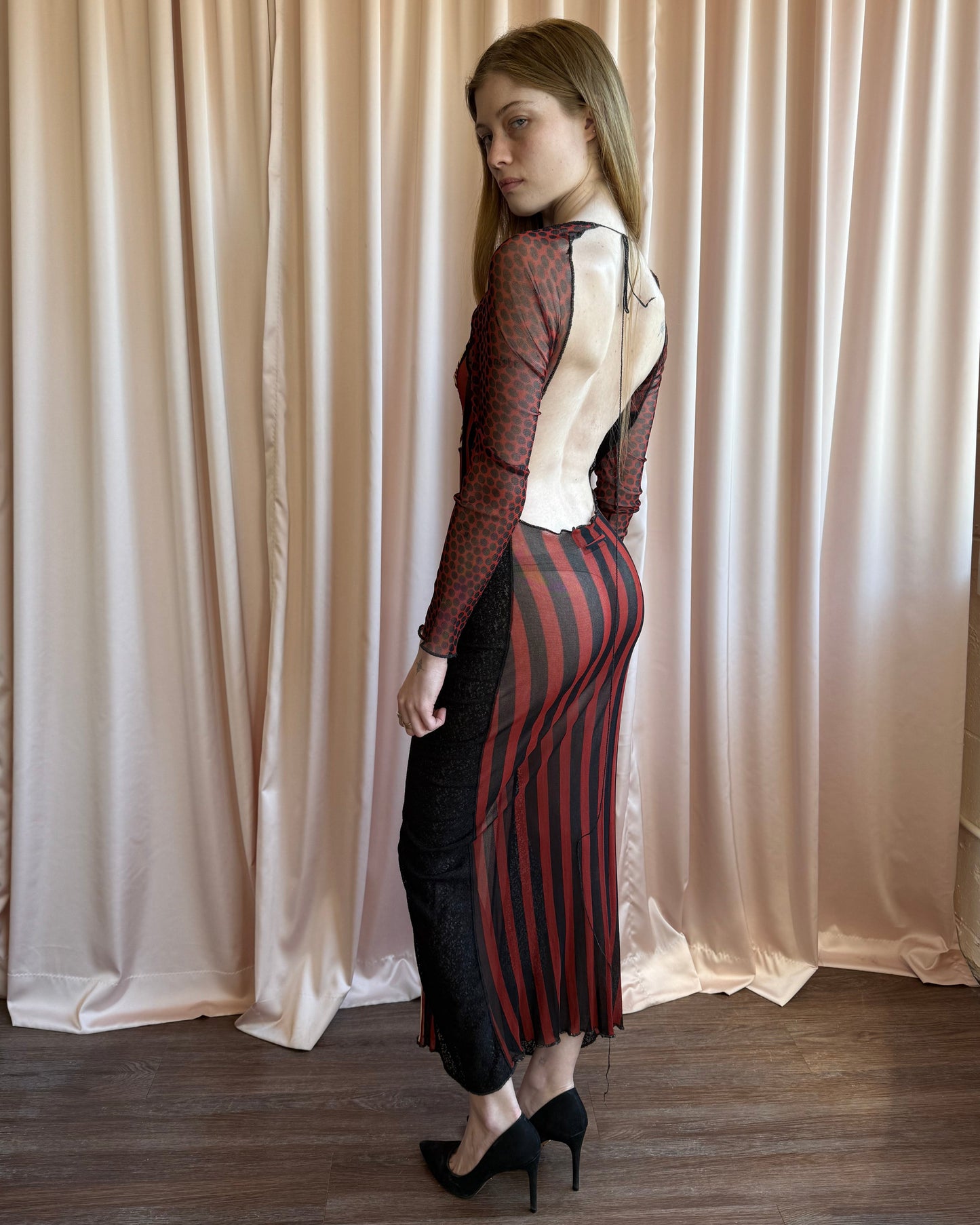 Jean Paul Gaultier S/S 1997 Runway Open Back Striped Mesh Long Sleeve Dress