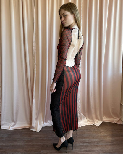 Jean Paul Gaultier S/S 1997 Runway Open Back Striped Mesh Long Sleeve Dress