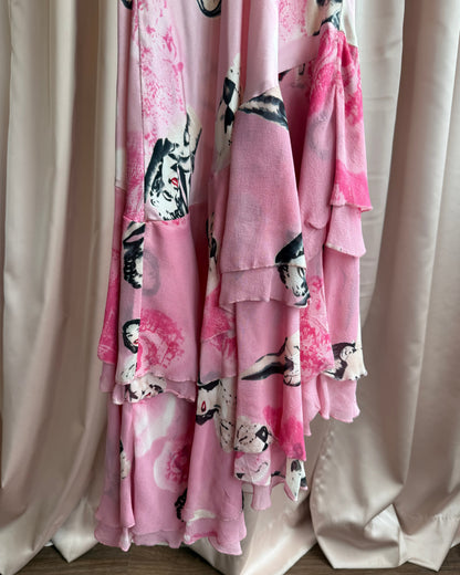 Jeff Gallano 100% Silk Pink Pin Up Print Bias Cut Dress *As Is*
