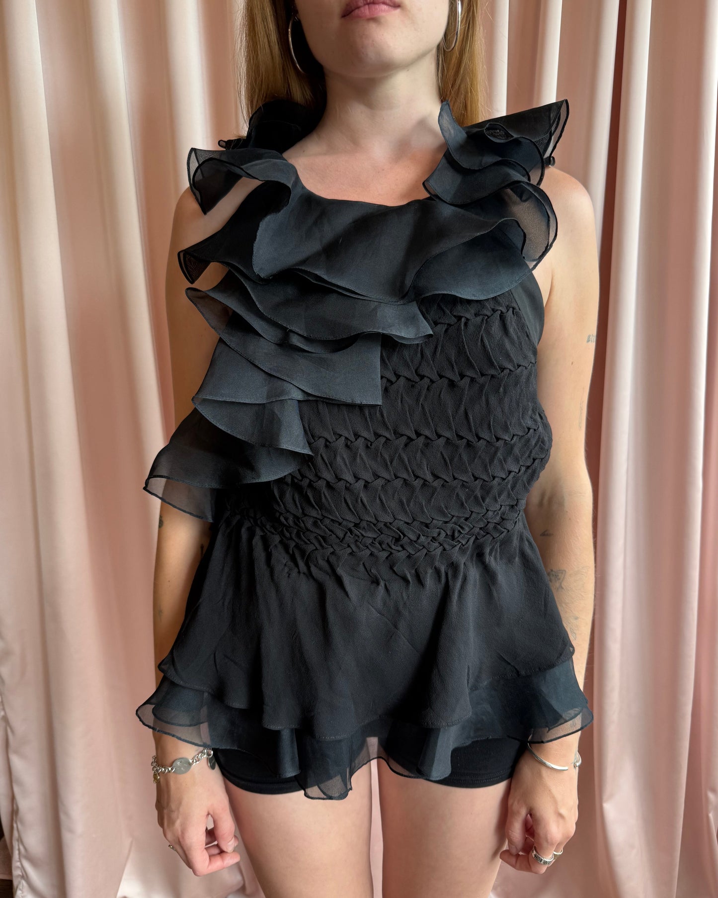 Diane Von Furstenberg Black Silk Asymmetrical Ruffle Bodysuit