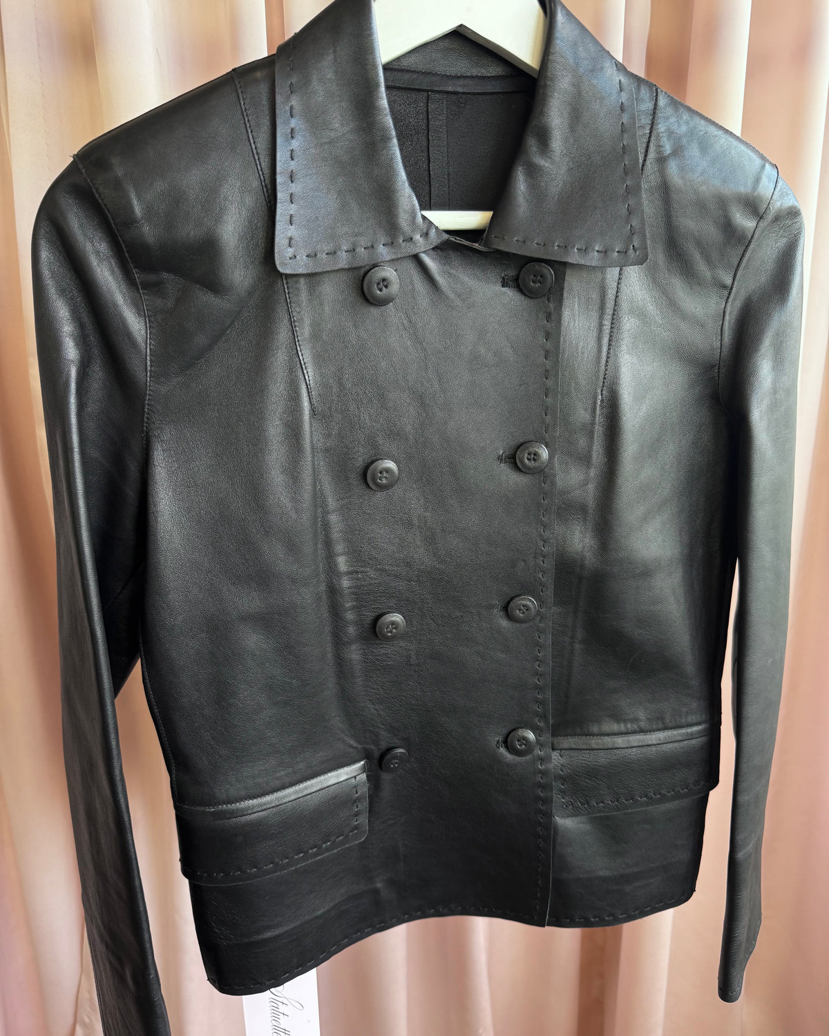 Italian Designer 1990's Black Leather Double Breasted Jacket