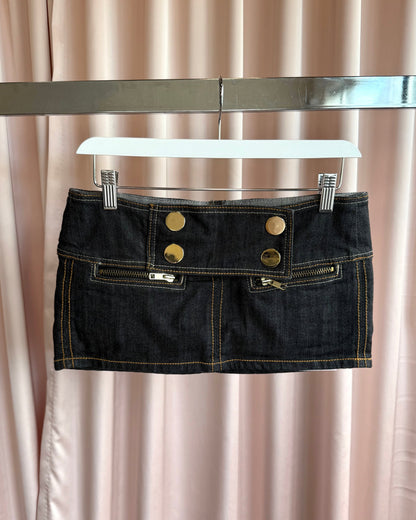 Japanese Brand Dark Wash Denim Gold Tone Button Micro Mini Skirt
