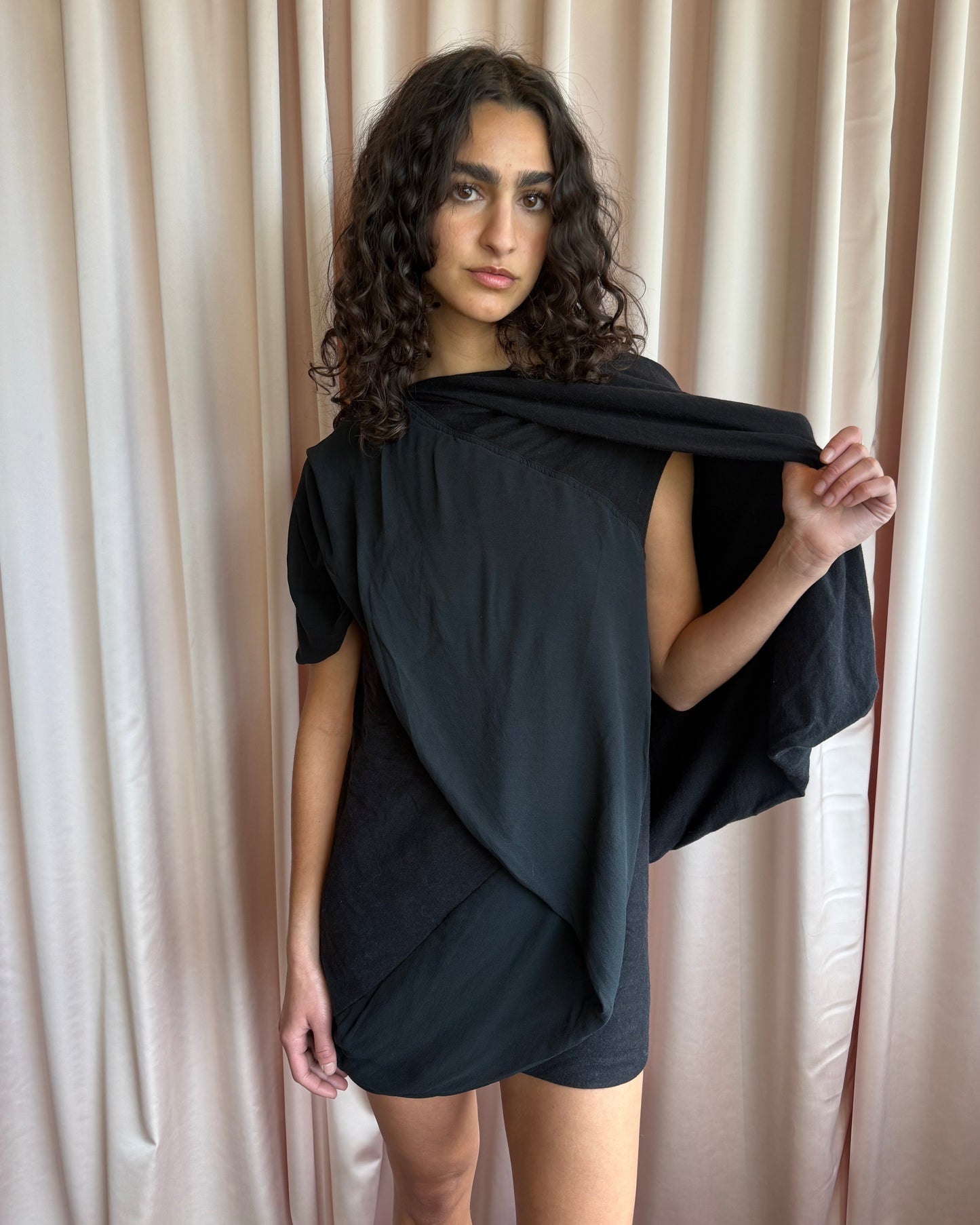 Rick Owens Lilies Wool & Silk Black Cape Sleeve Mini Dress