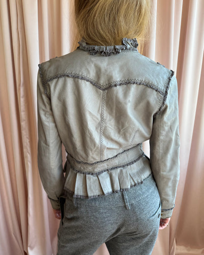 Genuine Leather Grey Ruffle Trim Horn Toggle Closure Jacket