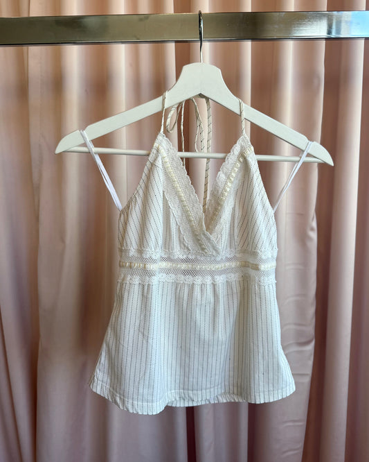 2000's USA Made Cream Pinstripe Crochet Trim Halter Top