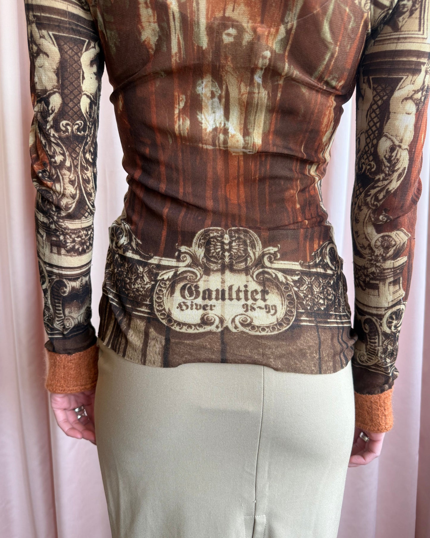 Jean Paul Gaultier F/W 1998 Gothic Cathedral Print Hooded Mesh Long Sleeve Top