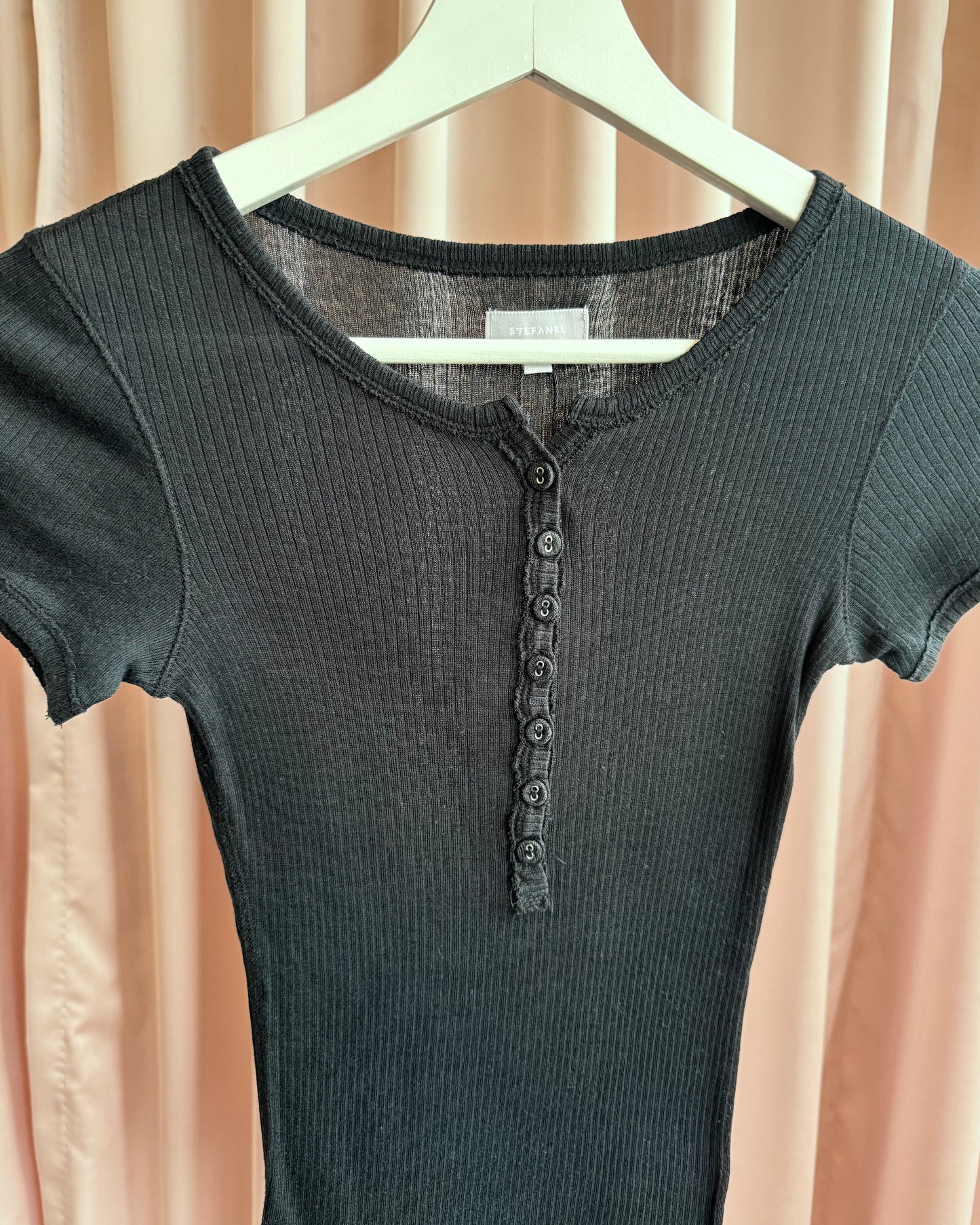 Italian Brand Black Ribbed Short Sleeve Henley Top