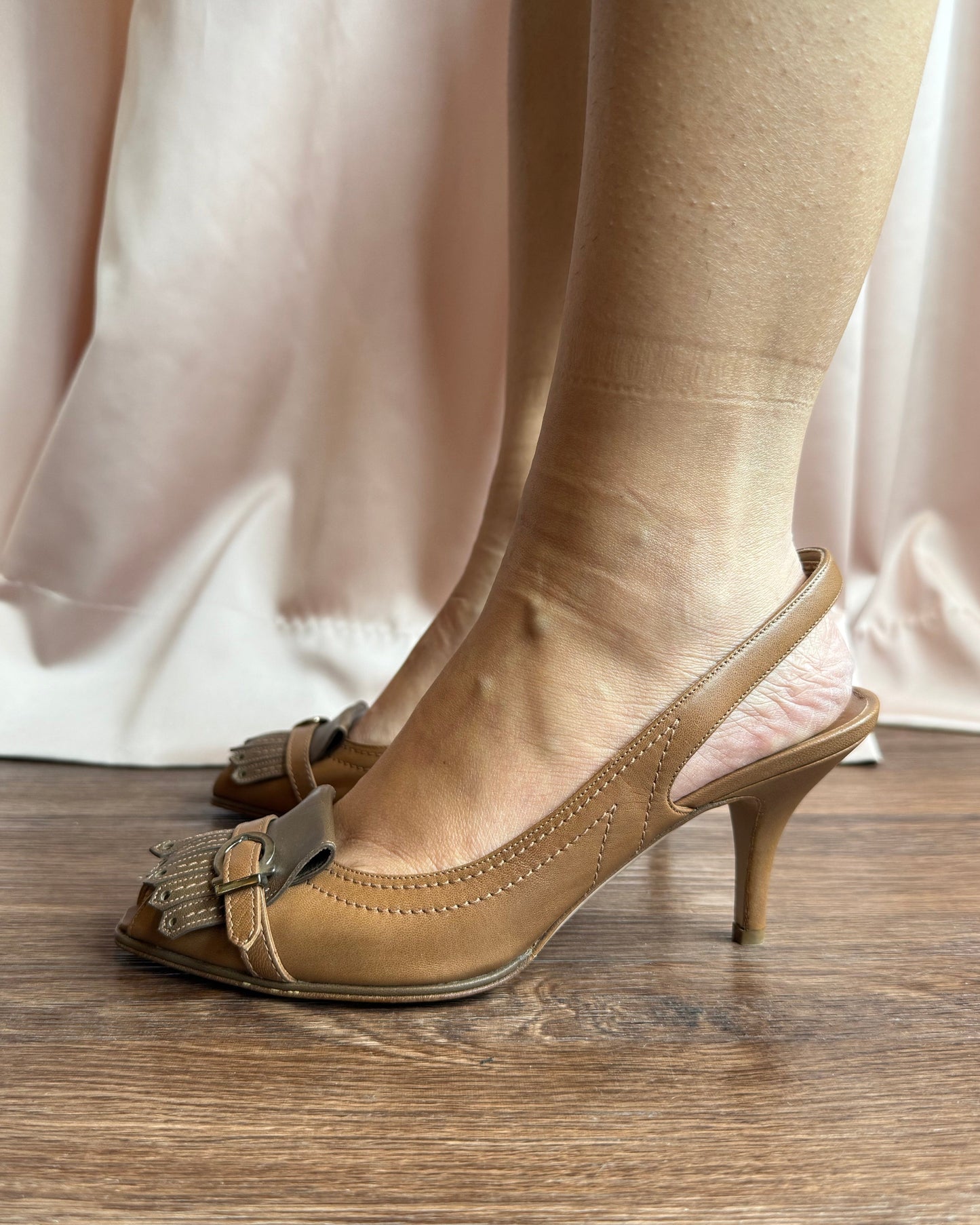 Salvatore Ferragamo Tan Leather Peep Toe Slingback Heels