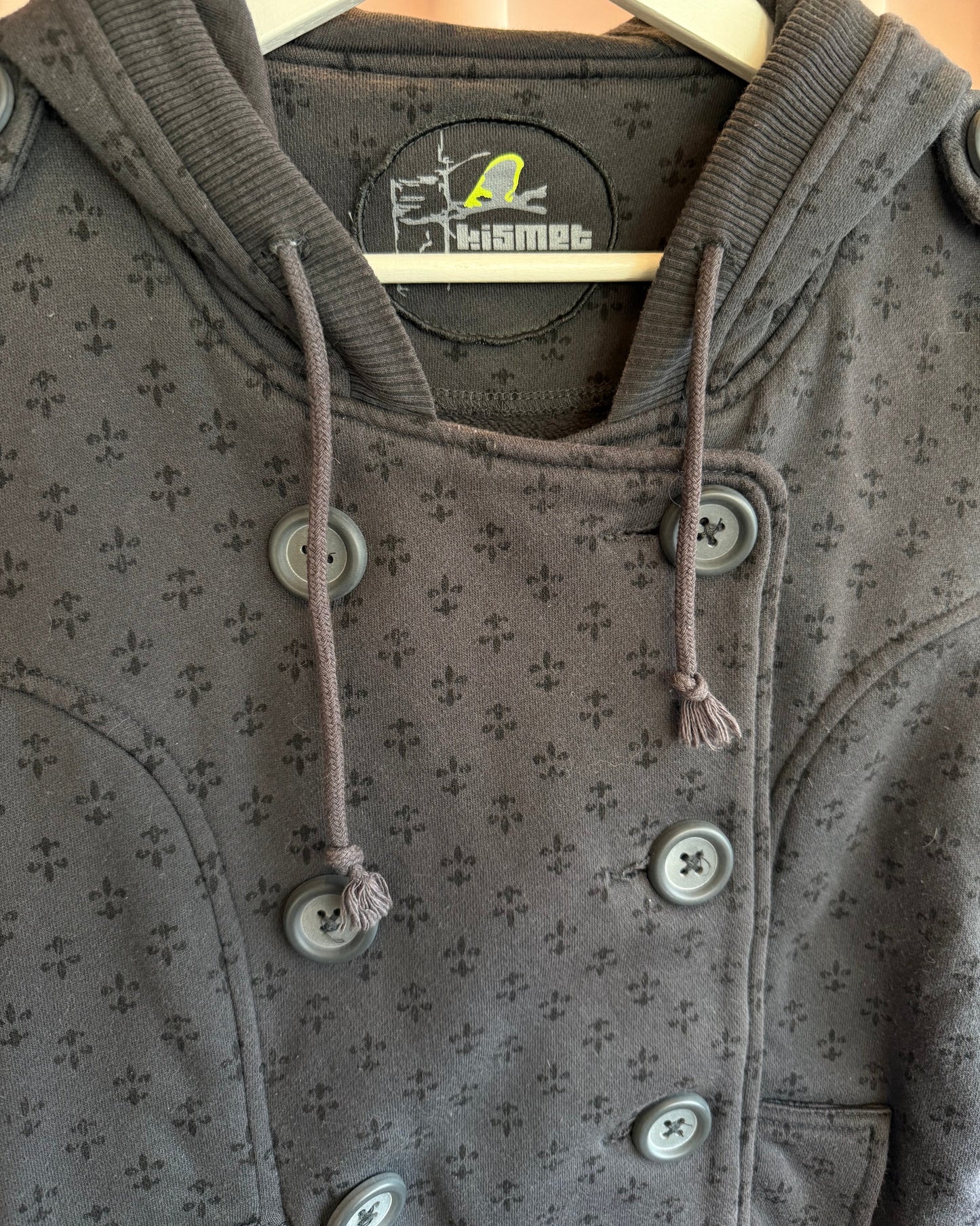 Kismet Dark Grey Fleur De Lis Print Double Breasted Hoodie