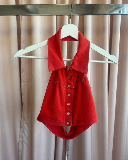1990's Coral Red Cropped Collared Button Up Halter Top