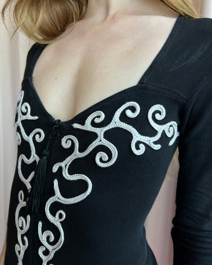 1980's Peep Soutache Trim Black Long Sleeve Zip Front Playsuit