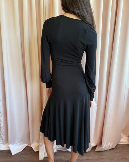 Italian Designer Black Low Cut Rhinestone V-Neck Long Sleeve Dress