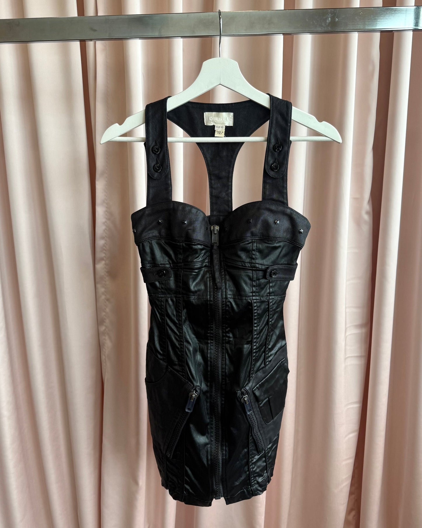 Diesel Studded Coated Black Denim Bustier Zipper Dress