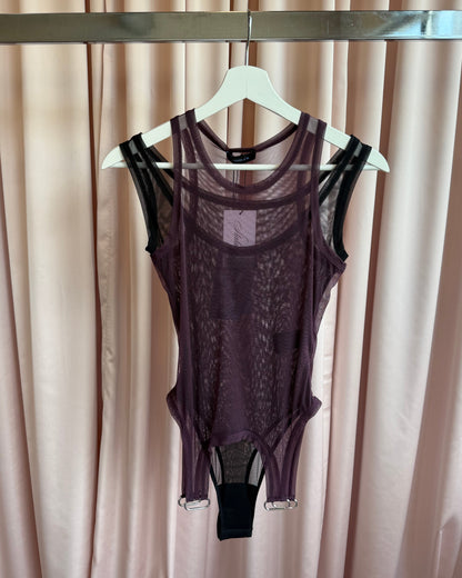 Mugler NWT Plum & Black Mesh Love Tank Bodysuit
