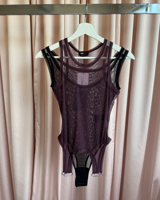 Mugler NWT Plum & Black Mesh Love Tank Bodysuit