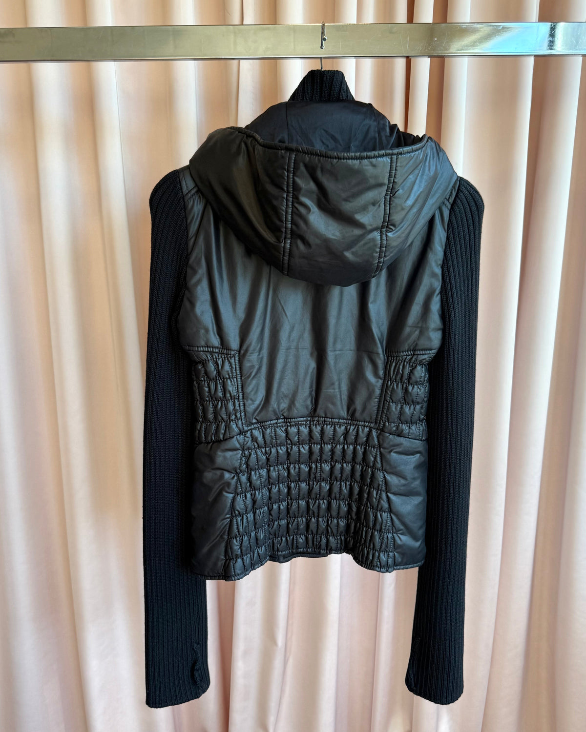 Italian Designer Hooded Black Nylon & Rib Knit Jacket