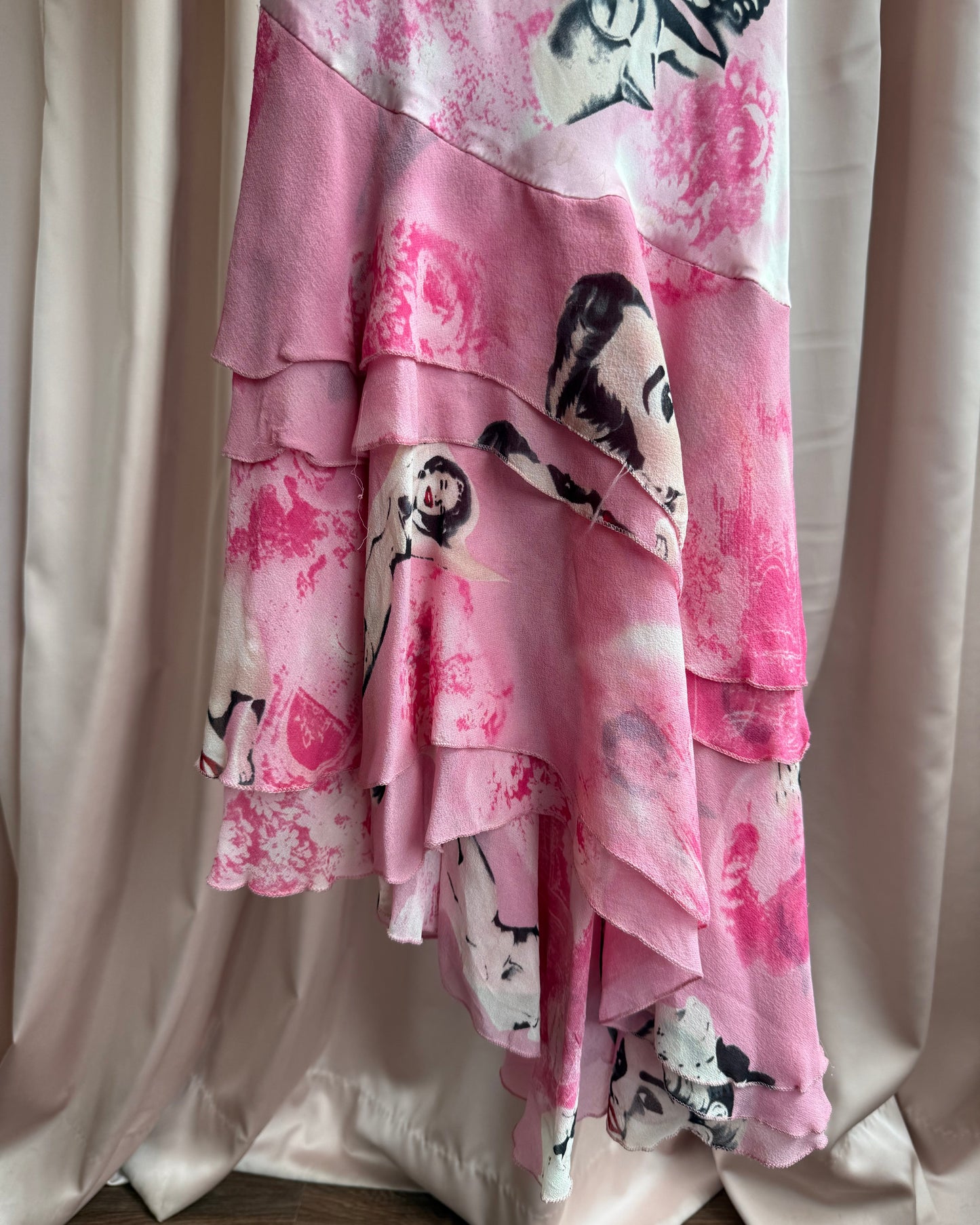 Jeff Gallano 100% Silk Pink Pin Up Print Bias Cut Dress *As Is*