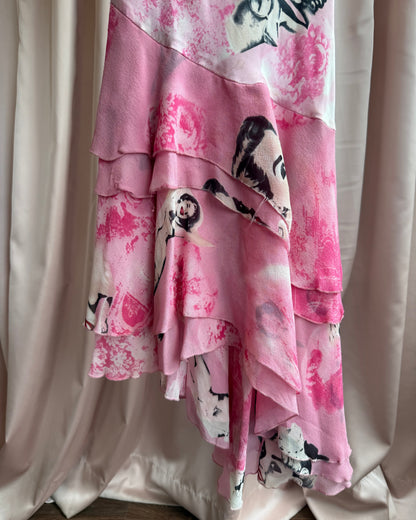 Jeff Gallano 100% Silk Pink Pin Up Print Bias Cut Dress *As Is*