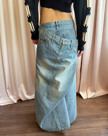 Japanese Brand Asymmetric Double Layered Denim Maxi Skirt