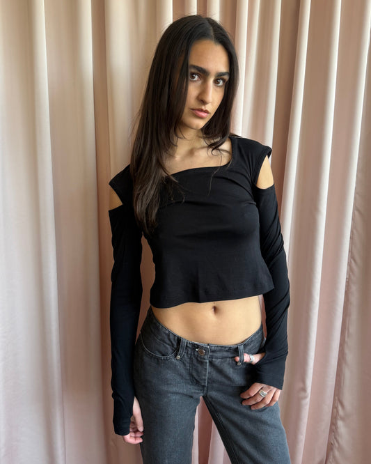 Helmut Lang Black Shoulder Cut Out Thumb Hole Long Sleeve Top