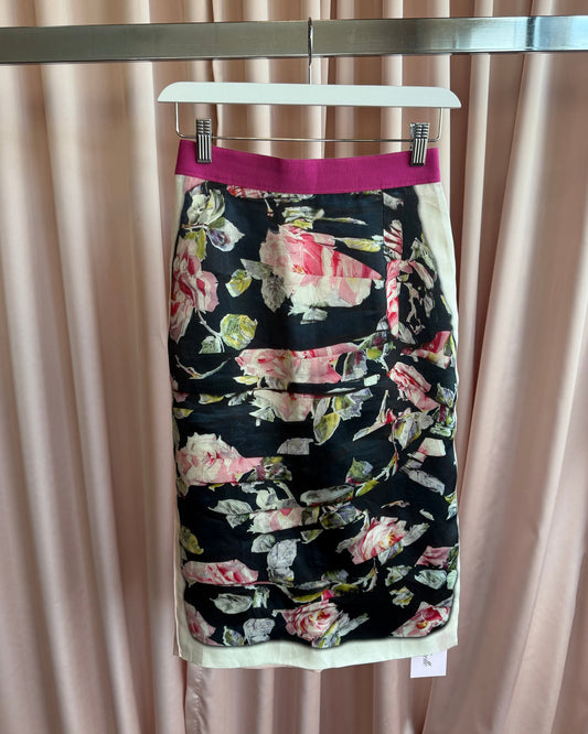 D&G Trompe L'Oeil Floral Print Silk Blend Midi Skirt