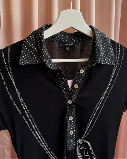 Italian Brand Dog Tag Necklace Rhinestone Print Black Polo Shirt