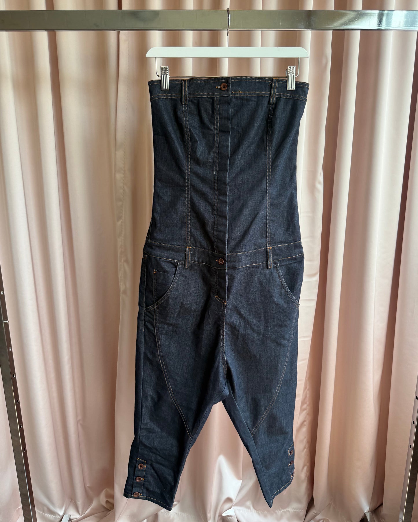 Italian Brand Strapless Sarouel Drop Crotch Denim Jumpsuit