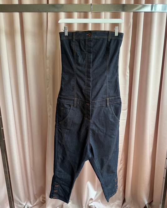Italian Brand Strapless Sarouel Drop Crotch Denim Jumpsuit