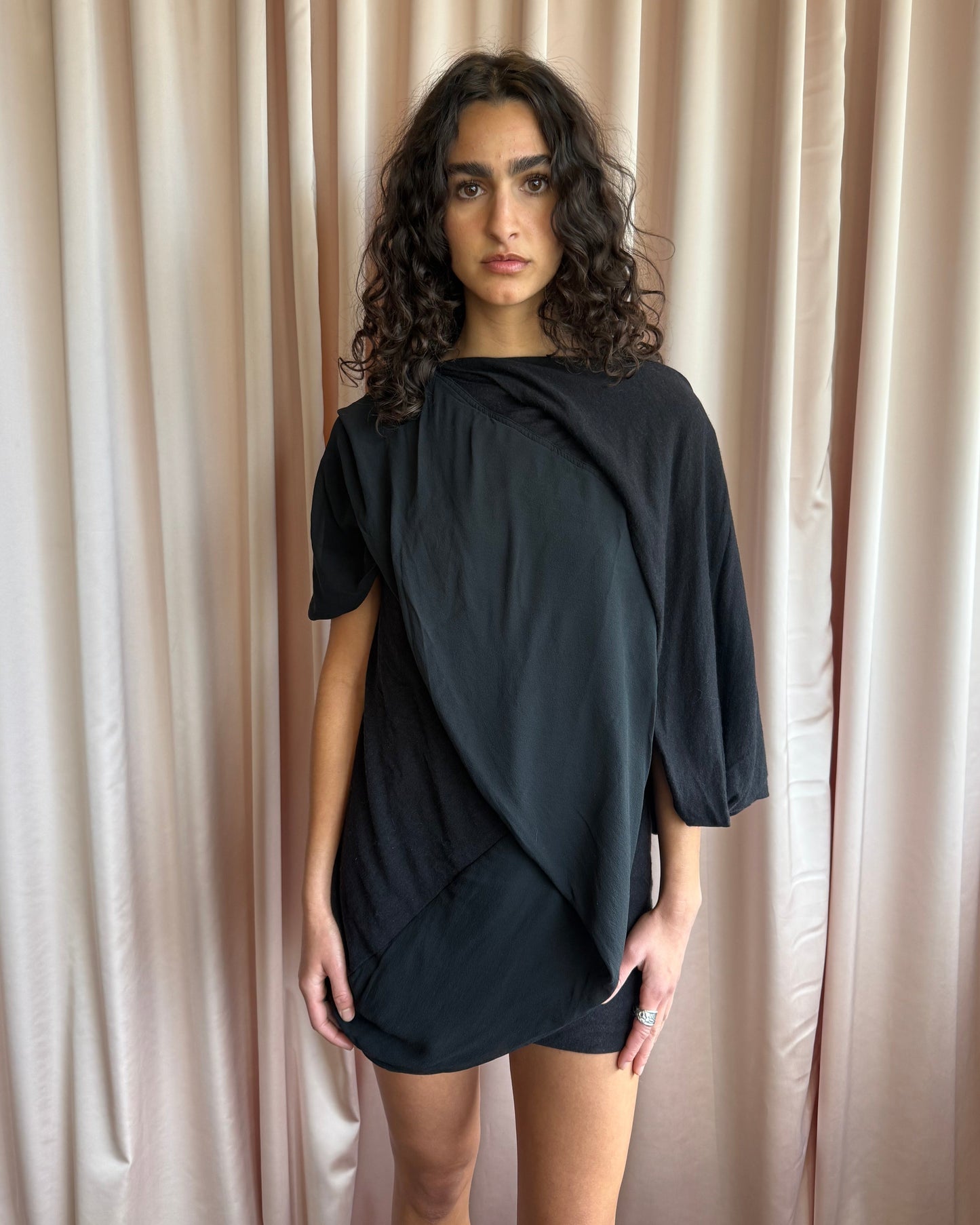 Rick Owens Lilies Wool & Silk Black Cape Sleeve Mini Dress