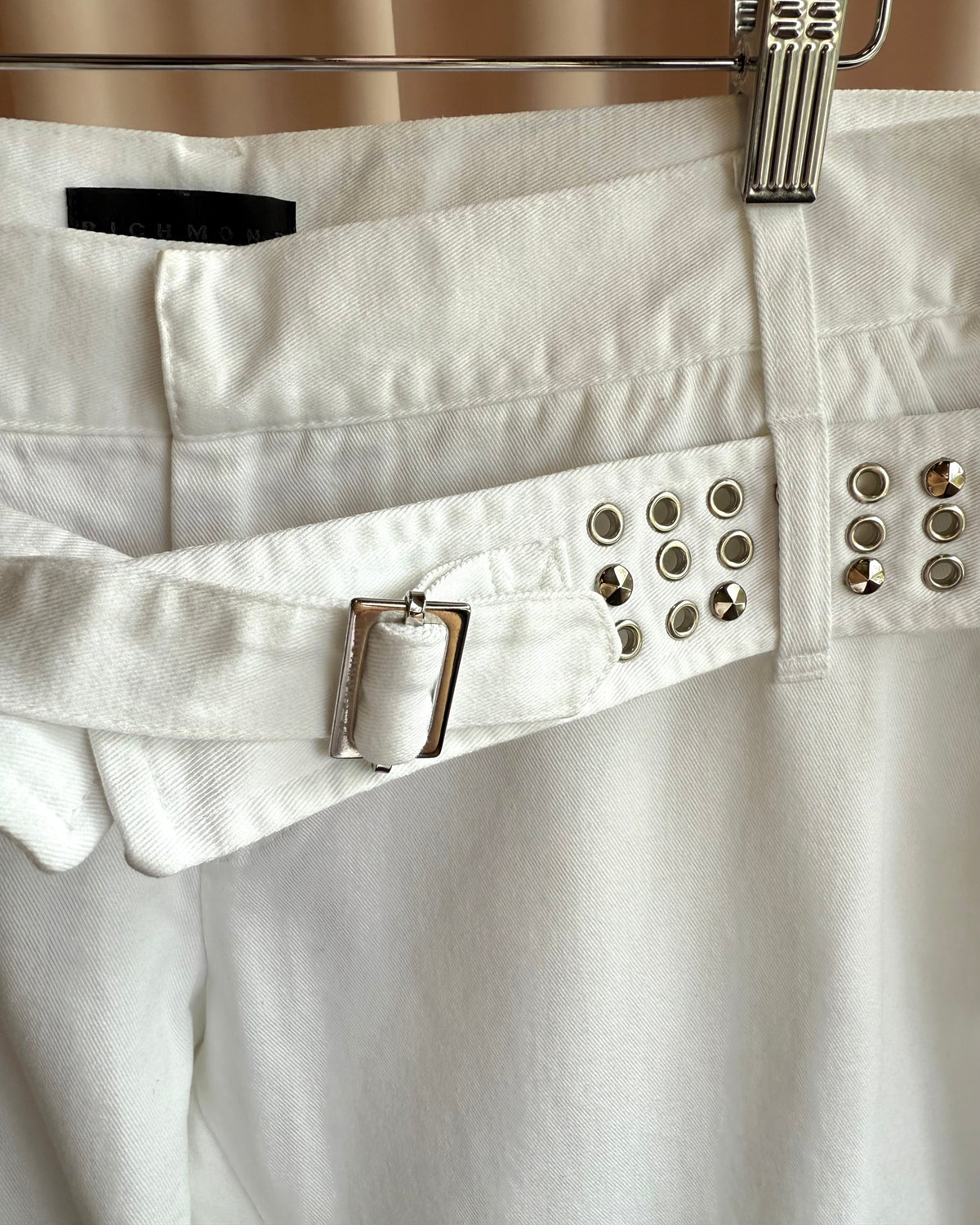 Richmond 'X' Cone Studded Grommet Belted White Pants