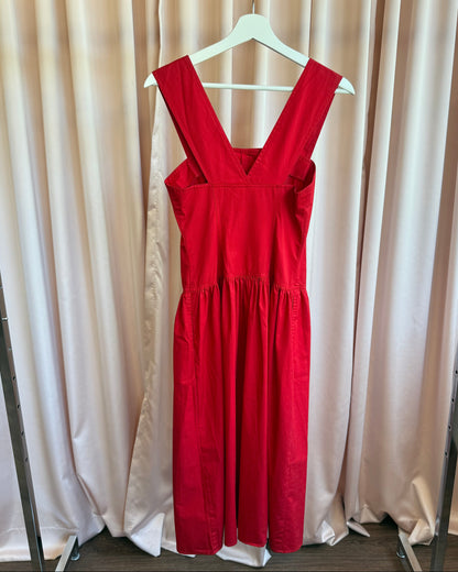 French Brand Red Cotton Poplin Button Front Drop Waist Dress