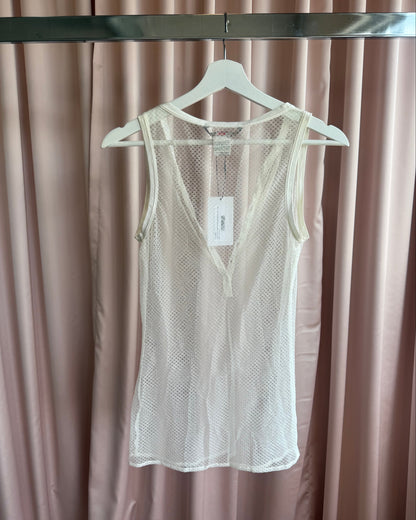 Italian Designer Cream White Open Knit Henley Tank Top