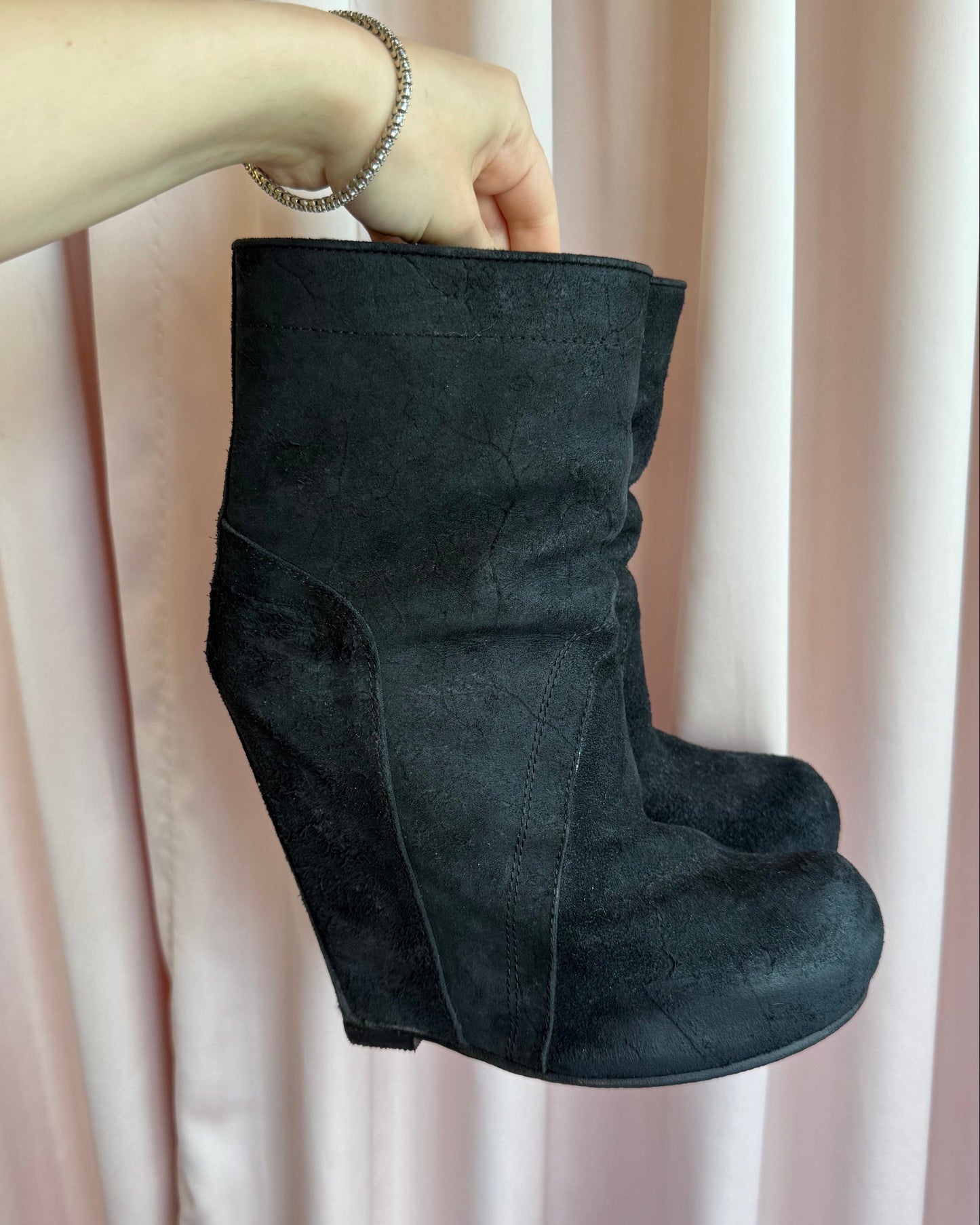 Rick Owens Black Suede Platform Wedge Boots