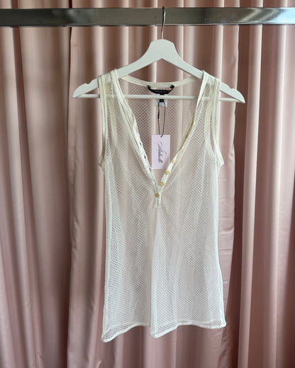 Italian Designer Cream White Open Knit Henley Tank Top
