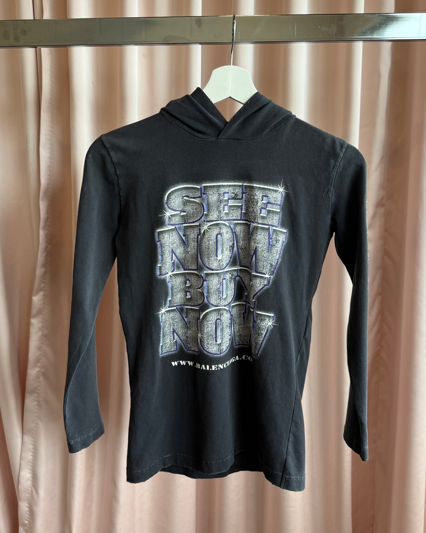 Balenciaga "See Now Buy Now" Faded Black Hooded Long Sleeve T-Shirt (S)