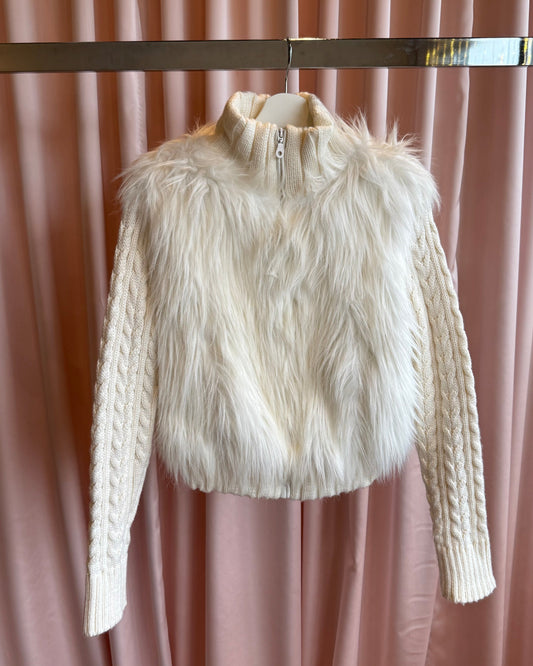 Heaven White Faux Fur Cable Knit Zip Up Sweater