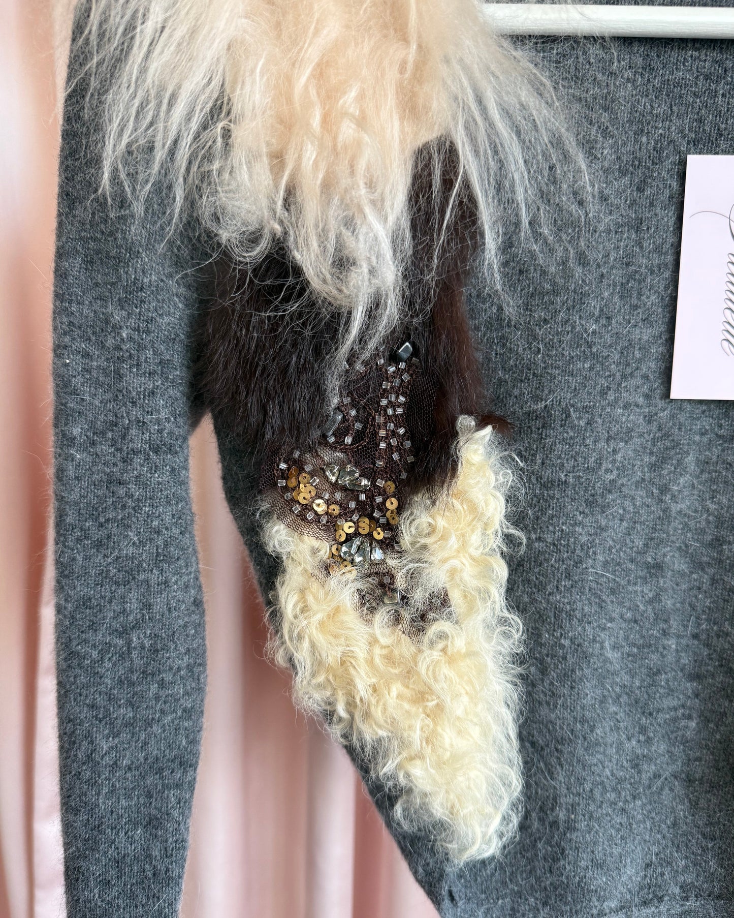 Japanese Brand Beaded Rabbit & Lamb Fur Collar Knit Shrug