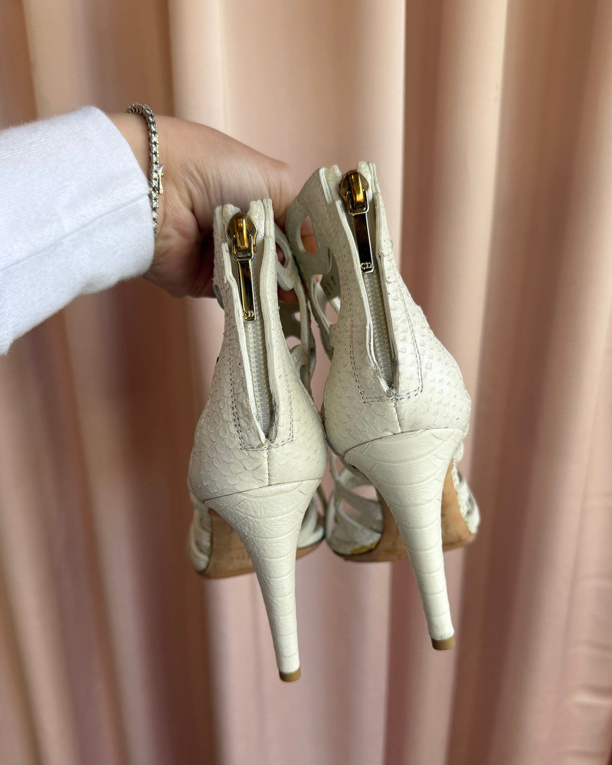 Dior White Python Embossed Leather Cut Out Heel Sandals